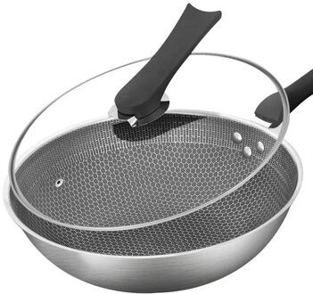 Rvs Wok Non-stick Pan Zonder Olie Rook Ongecoat Huishoudelijke Wok Pan Inductie Pot Keuken Pot Koekenpan koken Pot 34CMWith the lid