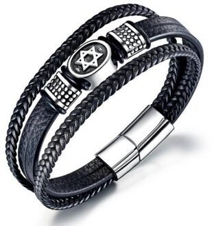 Rvs Zes Puntige Ster Lederen Armband Multilayer Leather Braid Mannen Sieraden