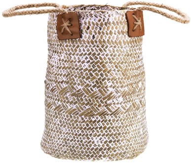 S/L Natuurlijke Stro Geweven Plant Bloem Pot Draagbare Opbergmanden Organizer Bloem Vaas Handgemaakte Opknoping Mand Woondecoratie wit / L