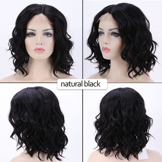 S-Noilite 14Inch Golvend Lace Front Pruik Bob Pruik Zwart Bruin Synthetisch Midden Deel Lace Front Pruik Korte golvend Bob Haar Pruiken Voor Vrouwen natuurlijk zwart