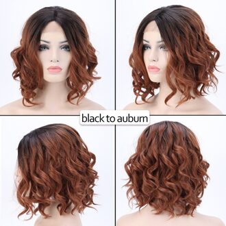 S-Noilite 14Inch Golvend Lace Front Pruik Bob Pruik Zwart Bruin Synthetisch Midden Deel Lace Front Pruik Korte golvend Bob Haar Pruiken Voor Vrouwen zwart to auburn