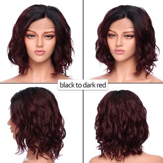 S-Noilite 14Inch Golvend Lace Front Pruik Bob Pruik Zwart Bruin Synthetisch Midden Deel Lace Front Pruik Korte golvend Bob Haar Pruiken Voor Vrouwen zwart to donker rood