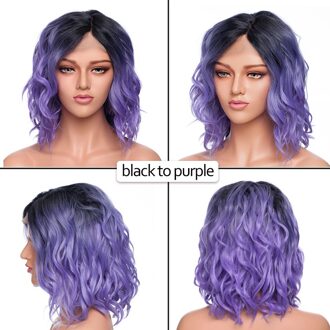 S-Noilite 14Inch Golvend Lace Front Pruik Bob Pruik Zwart Bruin Synthetisch Midden Deel Lace Front Pruik Korte golvend Bob Haar Pruiken Voor Vrouwen zwart to paars