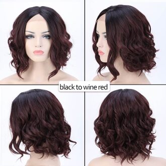 S-Noilite 14Inch Golvend Lace Front Pruik Bob Pruik Zwart Bruin Synthetisch Midden Deel Lace Front Pruik Korte golvend Bob Haar Pruiken Voor Vrouwen zwart to wijn rood