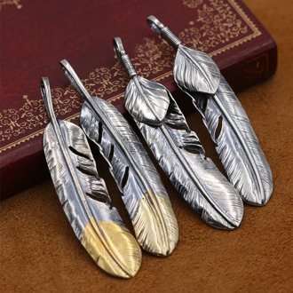 S925 sterling silver jewelry retro Thai silver feather pendant fashion men and women sweater chain pendant