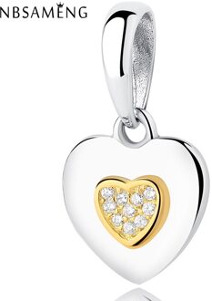 S925 Sterling Zilveren Kraal Gouden Handtekening Hart Met Kristallen Hanger Charm Kralen Fit Originele Armband Diy Sieraden