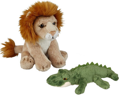 Safari dieren knuffels - 2x stuks - Krokodil en Leeuw - 15 cm - Dieren knuffels