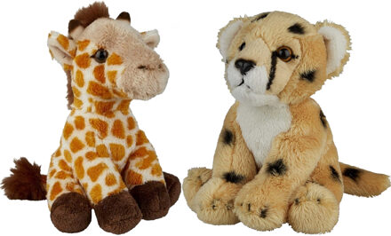 Safari dieren serie pluche knuffels 2x stuks - Cheetah en Giraffe van 15 cm - Knuffeldier Grijs