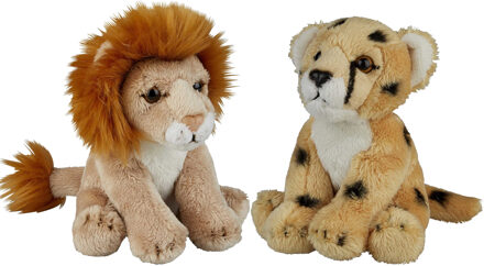 Safari dieren serie pluche knuffels 2x stuks - Cheetah en Leeuw van 15 cm - Knuffeldier Bruin