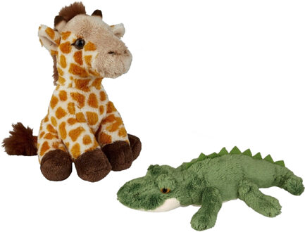 Safari dieren serie pluche knuffels 2x stuks - Krokodil en Giraffe van 15 cm - Knuffeldier Grijs