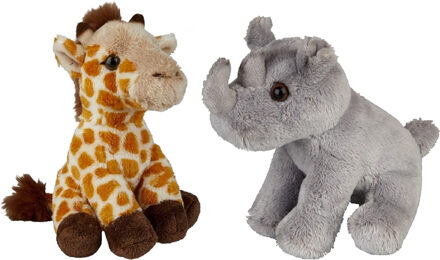 Safari dieren serie pluche knuffels 2x stuks - Neushoorn en Giraffe van 15 cm - Knuffeldier Grijs