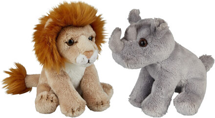 Safari dieren serie pluche knuffels 2x stuks - Neushoorn en Leeuw van 15 cm - Knuffeldier Grijs