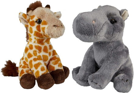 Safari dieren serie pluche knuffels 2x stuks - Nijlpaard en Giraffe van 15 cm - Knuffeldier Grijs