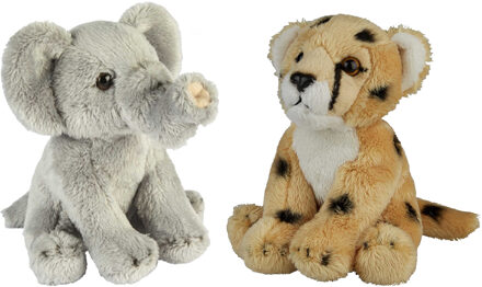 Safari dieren serie pluche knuffels 2x stuks - Olifant en Cheetah van 15 cm - Knuffeldier Grijs