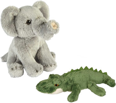 Safari dieren serie pluche knuffels 2x stuks - Olifant en Krokodil van 15 cm - Knuffeldier Grijs