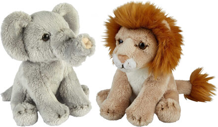 Safari dieren serie pluche knuffels 2x stuks - Olifant en Leeuw van 15 cm - Knuffeldier Grijs