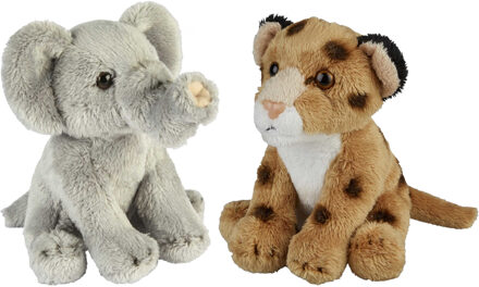 Safari dieren serie pluche knuffels 2x stuks - Olifant en Luipaard van 15 cm - Knuffeldier Grijs