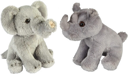 Safari dieren serie pluche knuffels 2x stuks - Olifant en Neushoorn van 15 cm - Knuffeldier Grijs