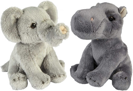 Safari dieren serie pluche knuffels 2x stuks - Olifant en Nijlpaard van 15 cm - Knuffeldier Grijs