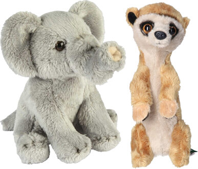 Safari dieren serie pluche knuffels 2x stuks - Olifant en Stokstaartje van 15 cm