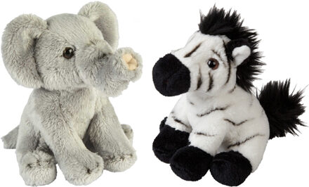 Safari dieren serie pluche knuffels 2x stuks - Olifant en Zebra van 15 cm - Knuffeldier Grijs