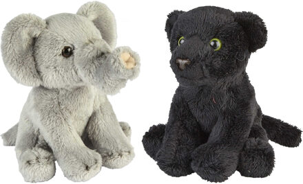 Safari dieren serie pluche knuffels 2x stuks - Olifant en Zwarte Panter van 15 cm - Knuffeldier Grijs