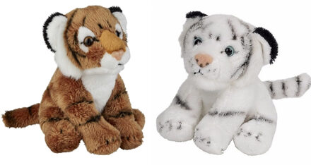 Safari dieren serie pluche knuffels 2x stuks - Witte en Bruine Tijgers van 15 cm