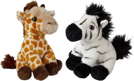 Safari dieren serie pluche knuffels 2x stuks - Zebra en Giraffe van 15 cm - Knuffeldier Grijs