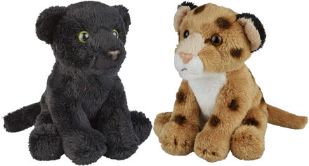 Safari dieren serie pluche knuffels 2x stuks - Zwarte Panter en Luipaard van 15 cm