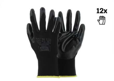 safety jogger Zwarte polyester veiligheidshandschoenen met een zwarte nitril coating | 12 Stuks | Zwart | Maat 11 - SW0800011
