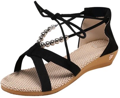 Sagace Sandalen Vrouwen Open Teen Bohemian Lace-Up Geen Slipper Sandalen Vrouwelijke Toevallige Zomer Wedge Platform Strand Schoenen zwart / 35