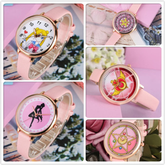 Sailor Moon Theme Student Watches Quartz Women Lovely Anime Pink Anime Women's Leather Wrist Watch Hot Gifts Clock for Girls
