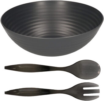 Salade/fruit diepe serveerschaal - antraciet - kunststof - D27 cm - met sla couvert/bestek - grijs