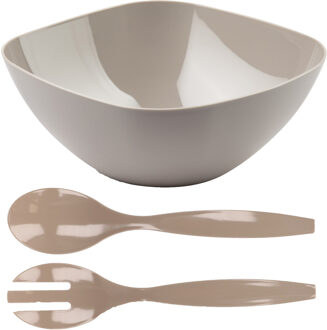 Salade/fruit diepe serveerschaal - beige - kunststof - 28 x 11 cm - met couvert/bestek in het beige