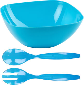 Salade/fruit diepe serveerschaal - blauw - kunststof - 28 x 11 cm - met couvert/bestek in het blauw