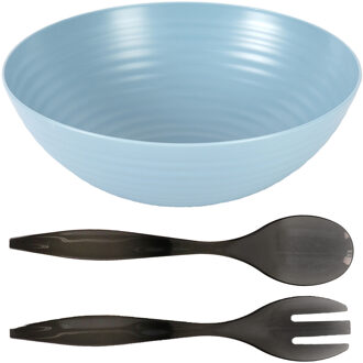 Salade/fruit diepe serveerschaal - blauw - kunststof - D27 cm - met sla couvert/bestek - grijs