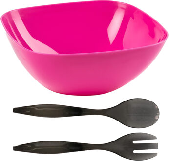 Salade/fruit diepe serveerschaal - roze - kunststof - 28 x 11 cm - met couvert/bestek in het grijs