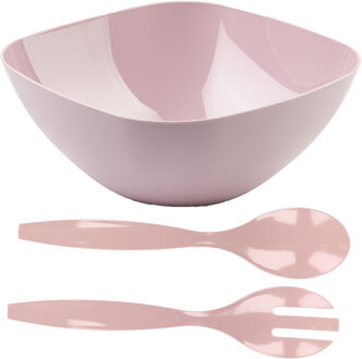 Salade/fruit diepe serveerschaal - roze - kunststof - 28 x 11 cm - met couvert/bestek in het roze