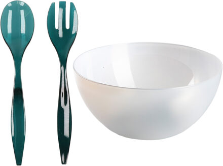 Salade/fruit diepe serveerschaal - transparant - kunststof - D28 cm - met sla couvert/bestek - blauw