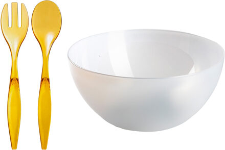 Salade/fruit diepe serveerschaal - transparant - kunststof - D28 cm - met sla couvert/bestek - geel