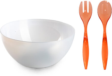 Salade/fruit diepe serveerschaal - transparant - kunststof - D28 cm - met sla couvert/bestek - rood