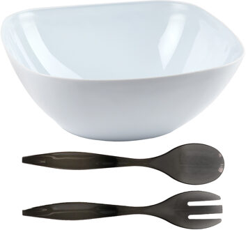 Salade/fruit diepe serveerschaal - wit - kunststof - 28 x 11 cm - met couvert/bestek in het grijs