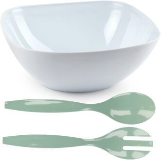 Salade/fruit diepe serveerschaal - wit - kunststof - 28 x 11 cm - met couvert/bestek in het groen
