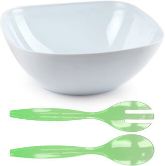 Salade/fruit diepe serveerschaal - wit - kunststof - 28 x 11 cm - met couvert/bestek in het lime