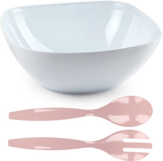 Salade/fruit diepe serveerschaal - wit - kunststof - 28 x 11 cm - met couvert/bestek in het pink