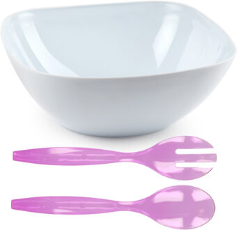 Salade/fruit diepe serveerschaal - wit - kunststof - 28 x 11 cm - met couvert/bestek in het purple