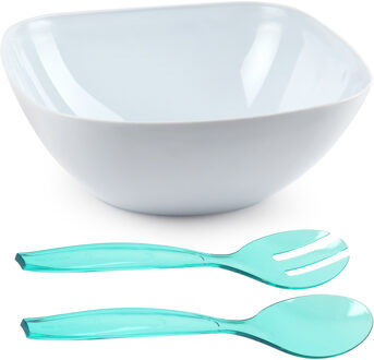 Salade/fruit diepe serveerschaal - wit - kunststof - 28 x 11 cm - met couvert/bestek in het turquois
