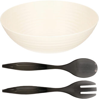 Salade/fruit diepe serveerschaal - wit - kunststof - D27 cm - met sla couvert/bestek - grijs