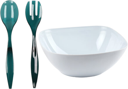 Salade/fruit diepe serveerschaal - wit - kunststof - D28 X H11 cm - met sla couvert/bestek - blauw
