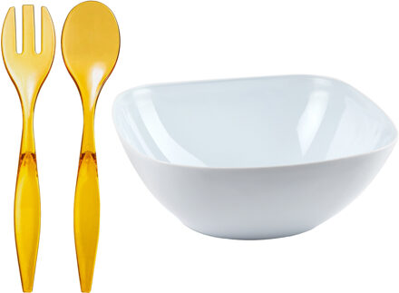 Salade/fruit diepe serveerschaal - wit - kunststof - D28 X H11 cm - met sla couvert/bestek - geel